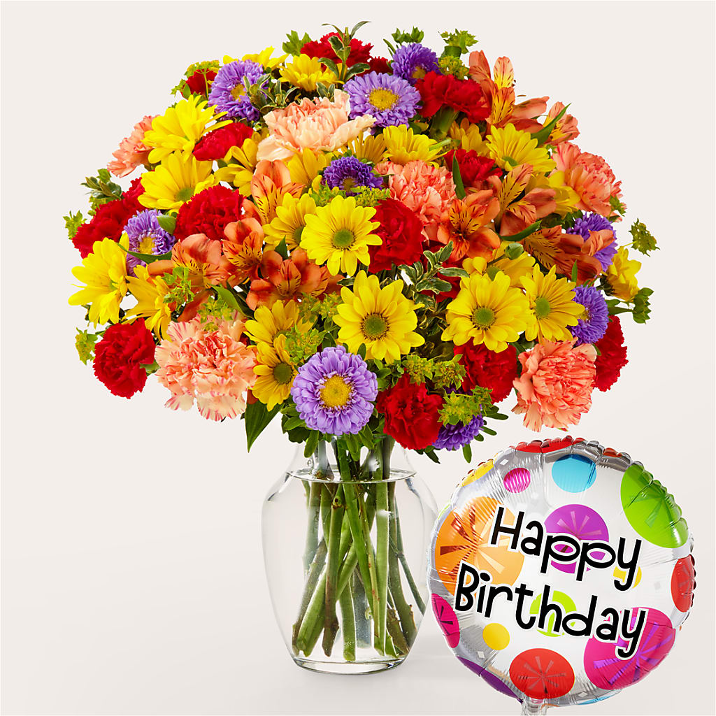 Kaleidoscope Bouquet with Birthday Balloon – Attitudes-n-designs, Houma LA