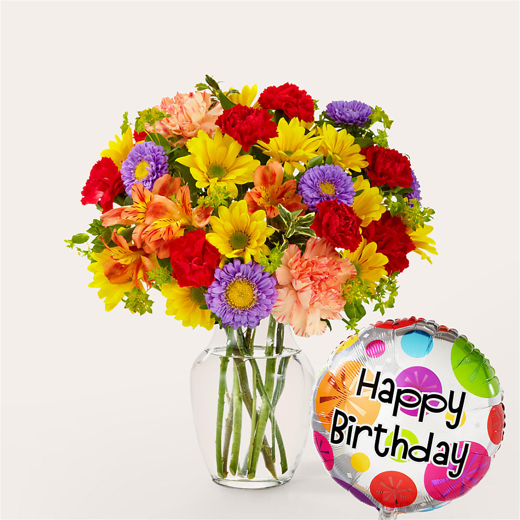 Kaleidoscope Bouquet with Birthday Balloon – Attitudes-n-designs, Houma LA