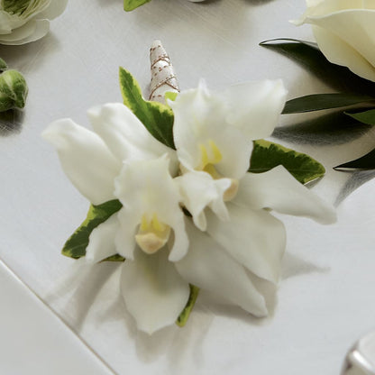 White Mini Cymbidium Boutonniere –  Attitudes-n-designs, Houma LA